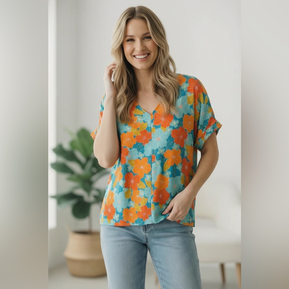 001 Haptics Floral Print Woven Short Sleeve Blouse‎ - Mint/Aqua/Orange